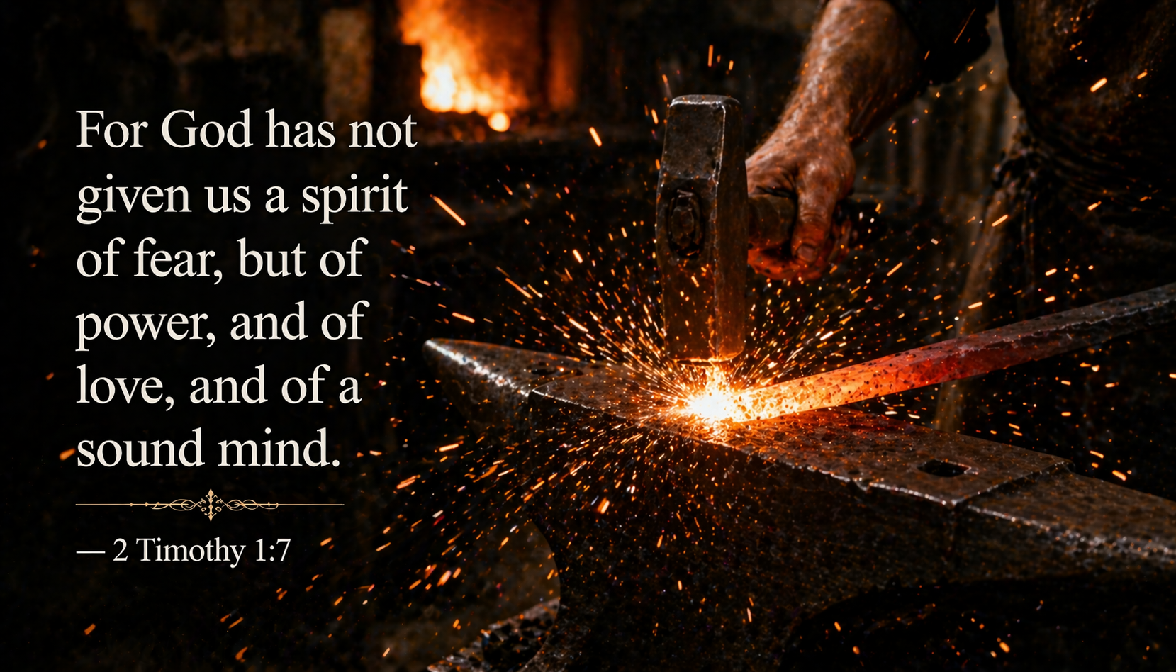 Blacksmith forge glowing red-hot iron being hammered on anvil sparks flying dark workshop background raw power -- 2 Timothy 1:7 wallpaper